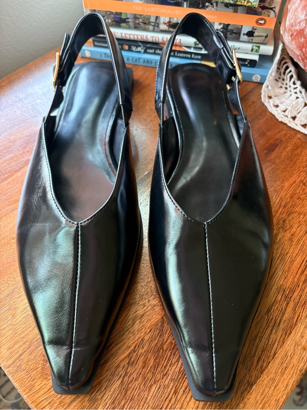 Black Pointed Slingback Flats — Women